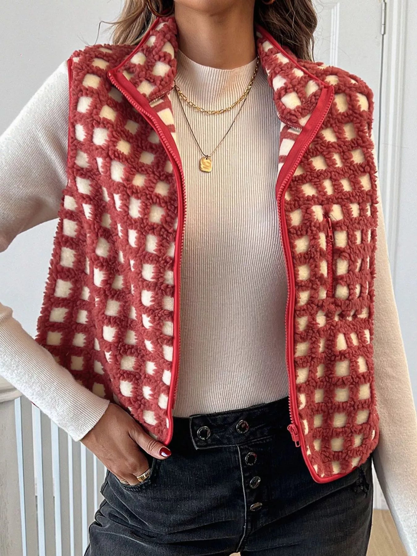 Plaid Zip Up Vest Coat nicholesgifts