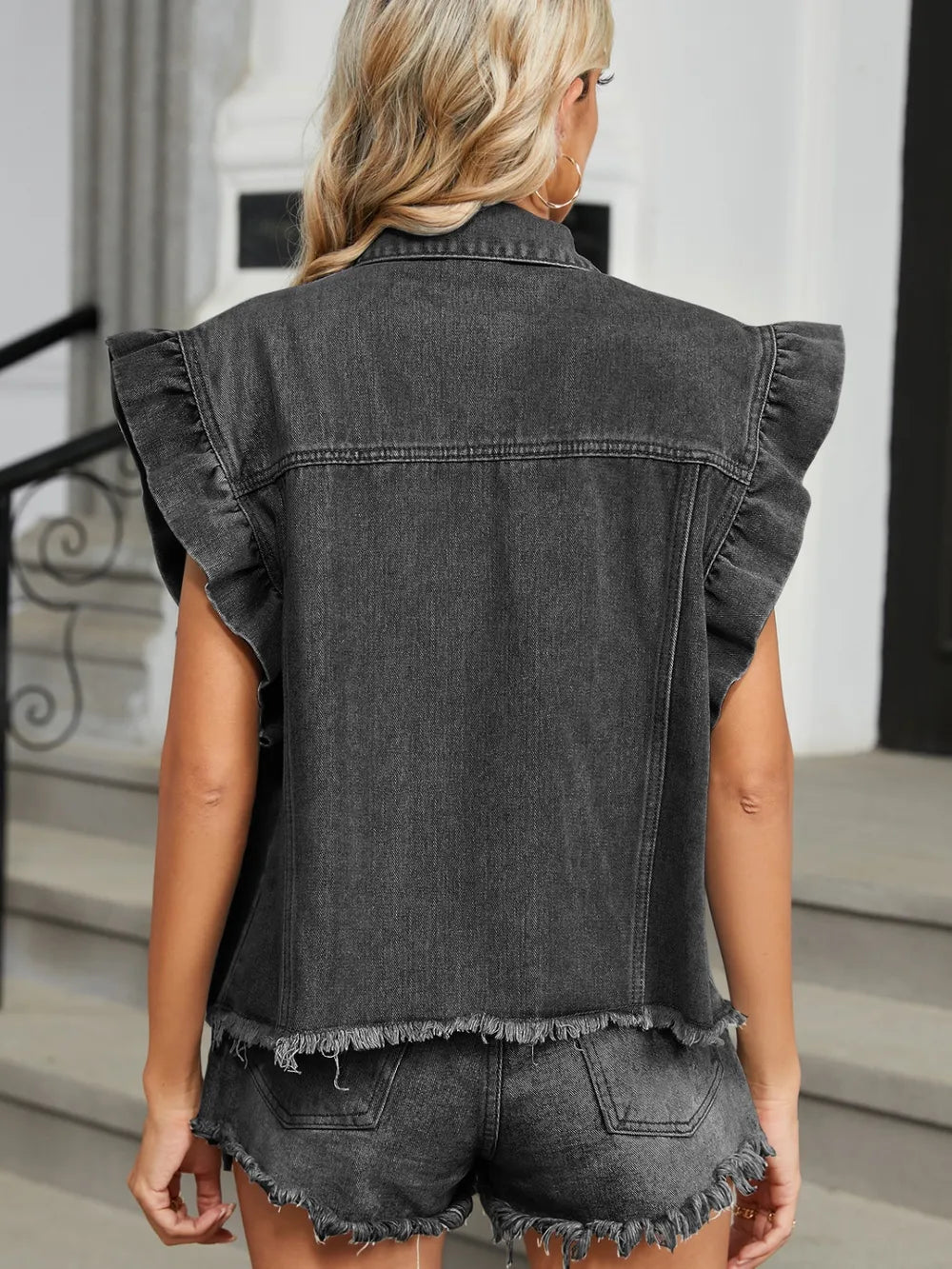 Raw Hem Cap Sleeve Denim Jacket nicholesgifts