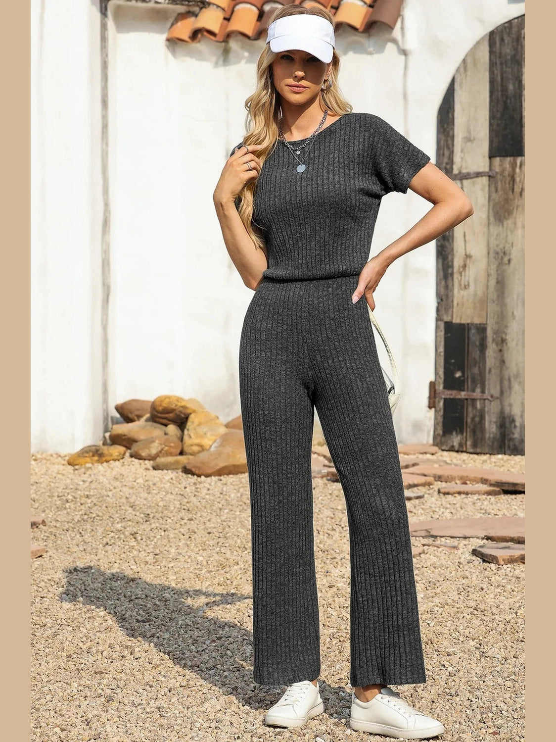 Ribbed Short Sleeve Wide Leg Jumpsuit nicholesgifts