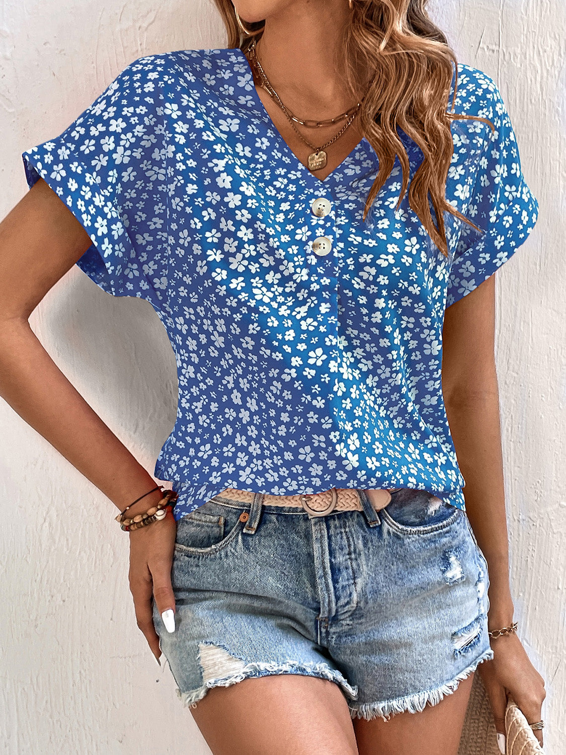 Printed V-Neck Short Sleeve Blouse nicholesgifts