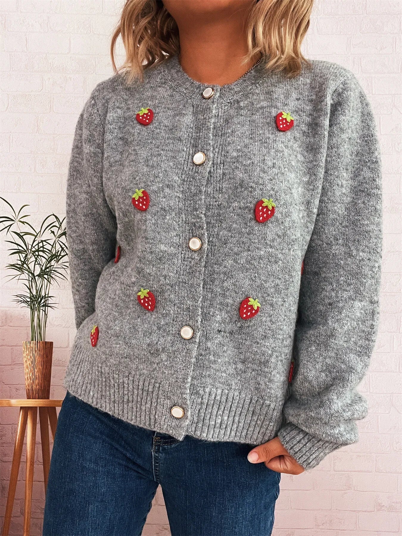 Strawberry Button Up Long Sleeve Cardigan Trendsi