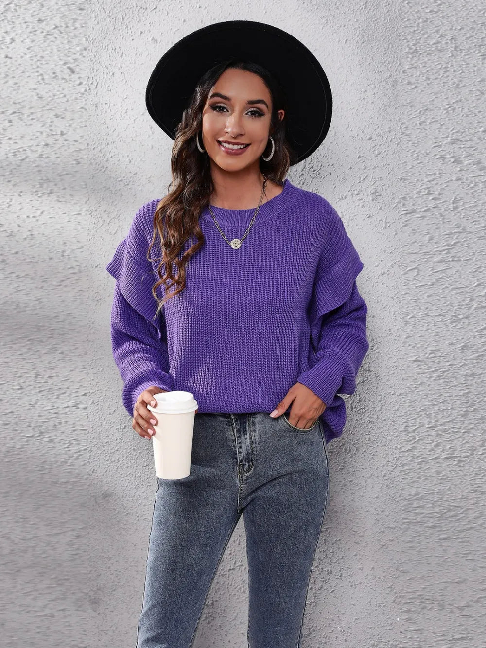 Ruffled Round Neck Dropped Shoulder Sweater Trendsi