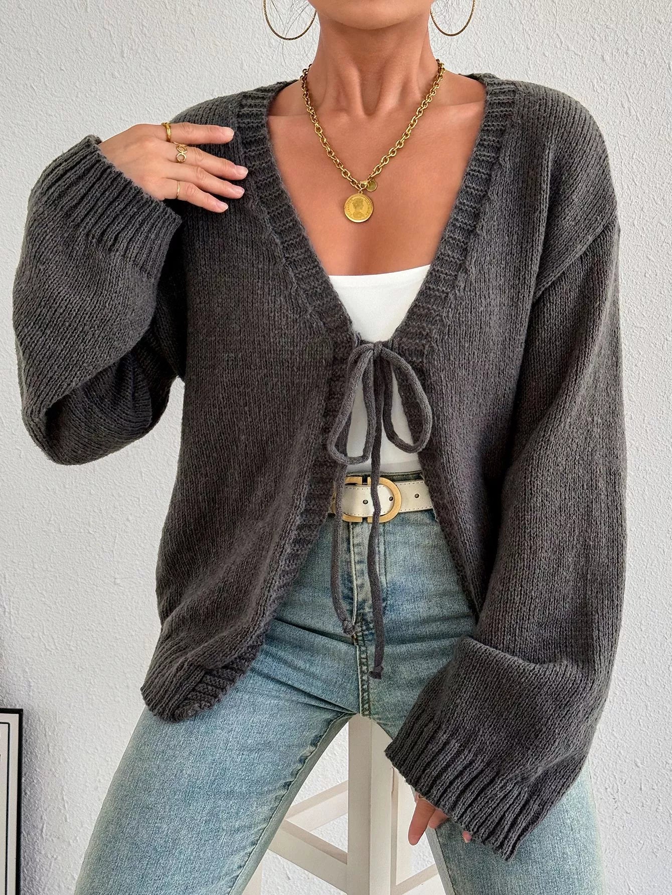 Tie-Front Dropped Shoulder Cardigan
