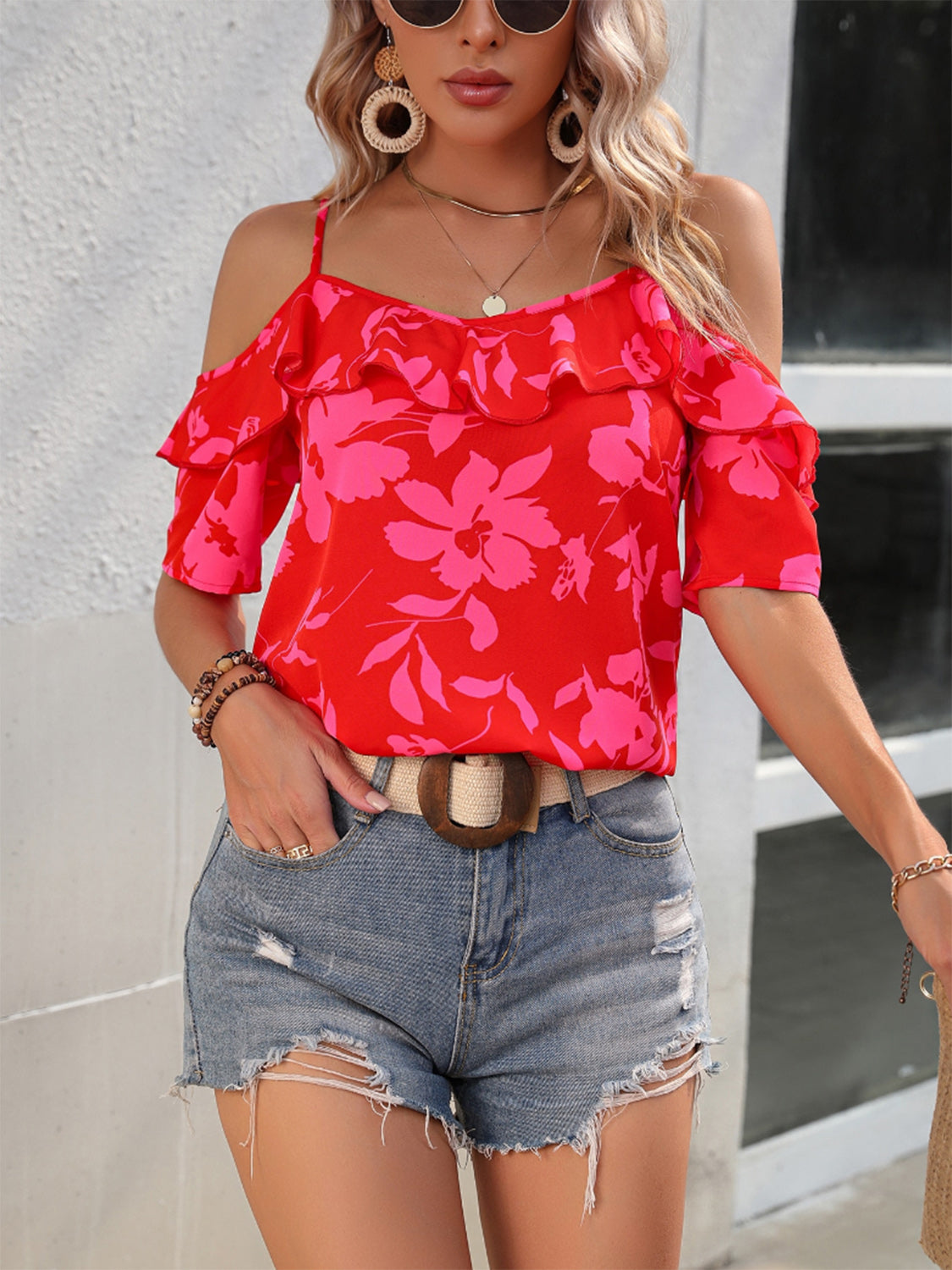 Ruffled Printed Short Sleeve Blouse nicholesgifts