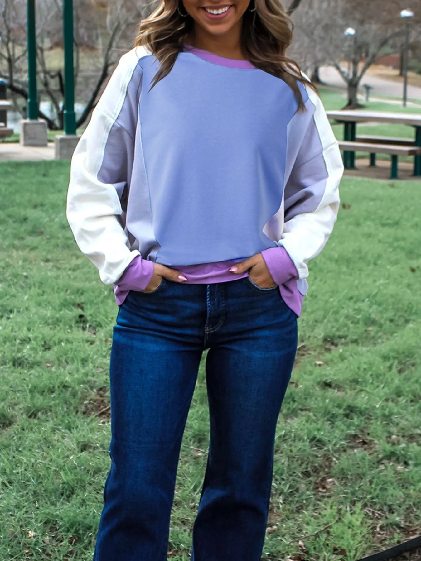 Exposed Seam Colorblock Patchwork Ribbed Trim Sweatshirt