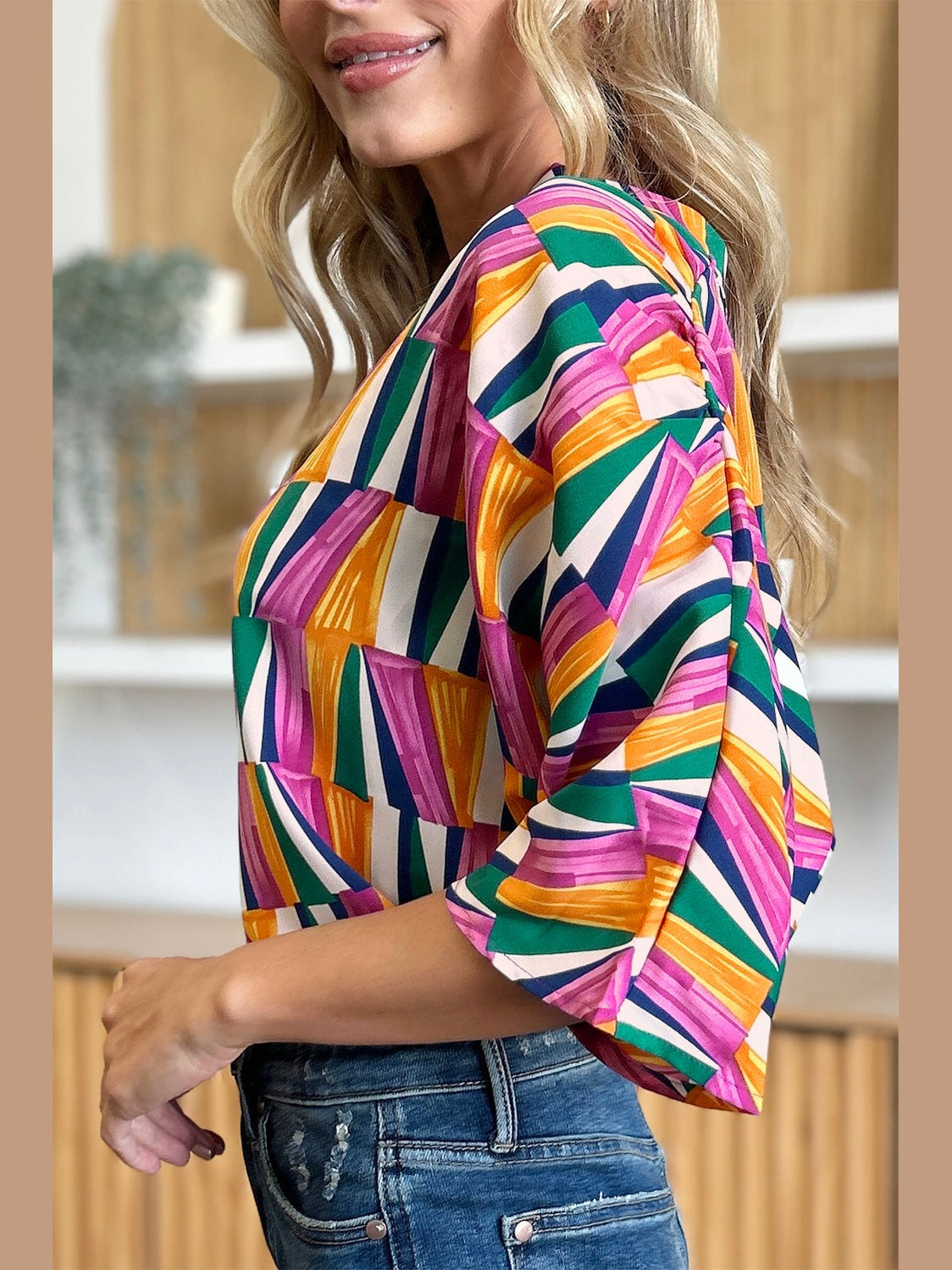 Double Take Full Size Geometric Notched Dolman Sleeve Top nicholesgifts