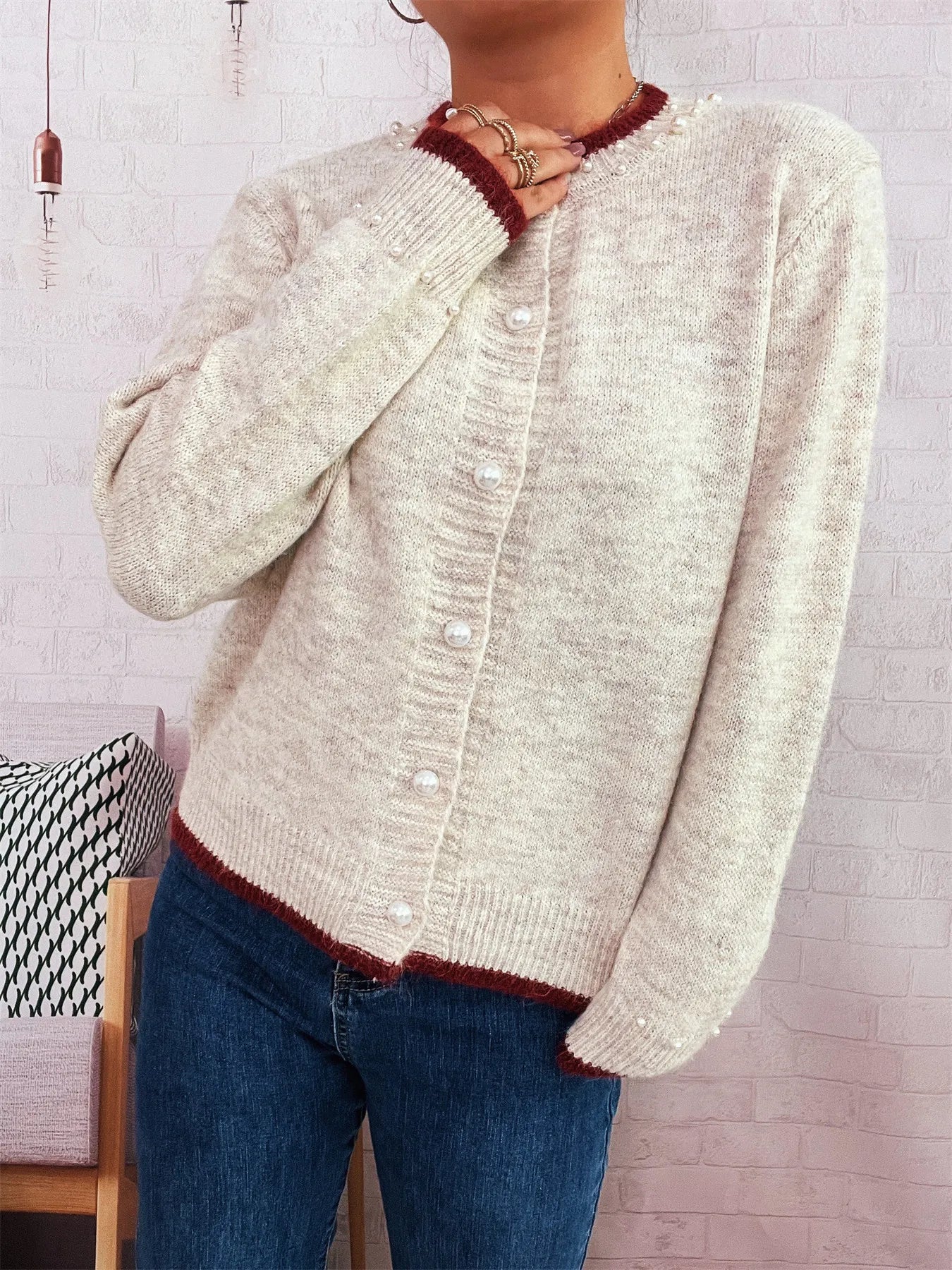 Pearl Embellished Button-Front Cardigan Trendsi