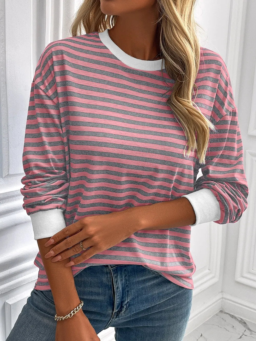 Ivy Lane Striped Round Neck Long Sleeve Sweatshirt Trendsi