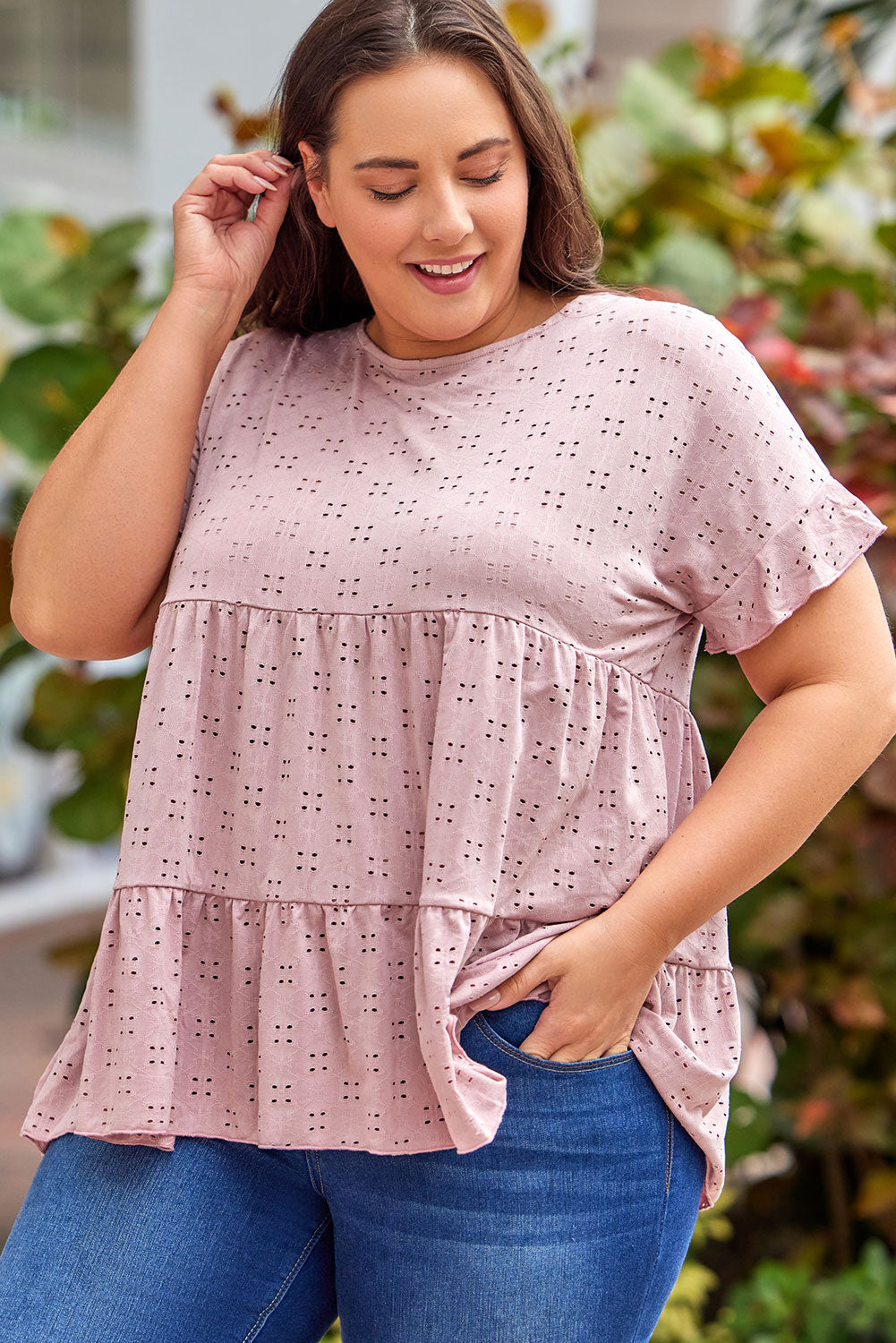 Plus Size Eyelet Round Neck Short Sleeve Blouse nicholesgifts