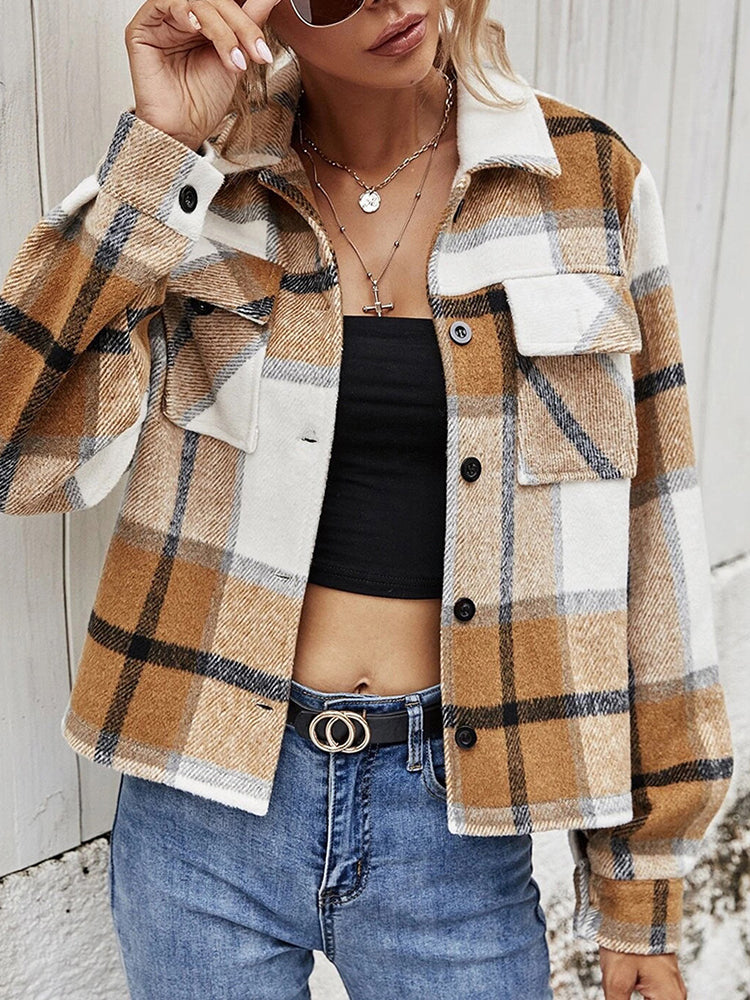 Plaid Collared Neck Jacket with Breast Pockets nicholesgifts