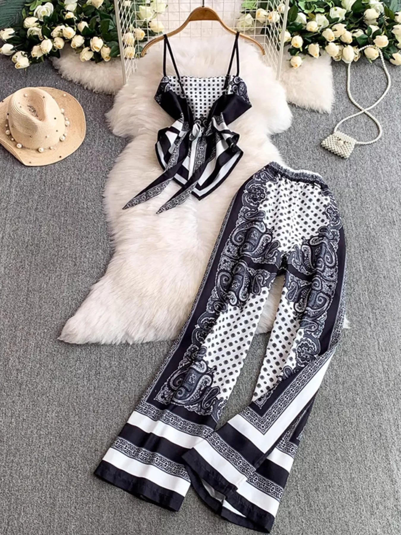 Tie Back Printed Cami and Pants Set Trendsi