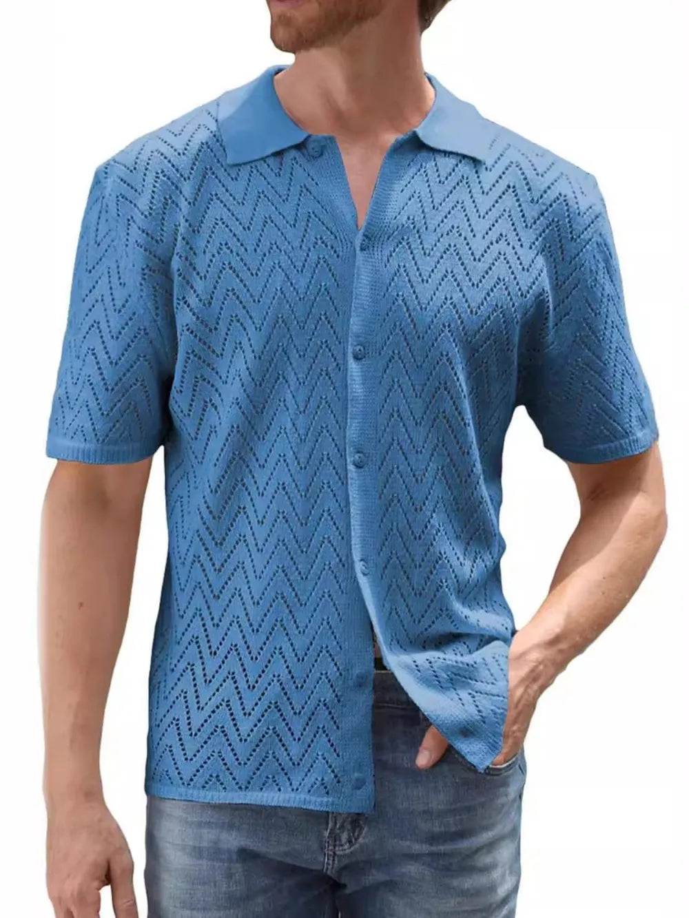 Men's Full Size Openwork Button Down Short Sleeve Shirt Plus Size NicholesGifts
