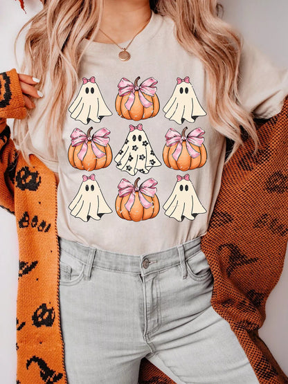 Women Halloween Bowknot Ghost Pumpkin Graphic T Shirt nicholesgifts
