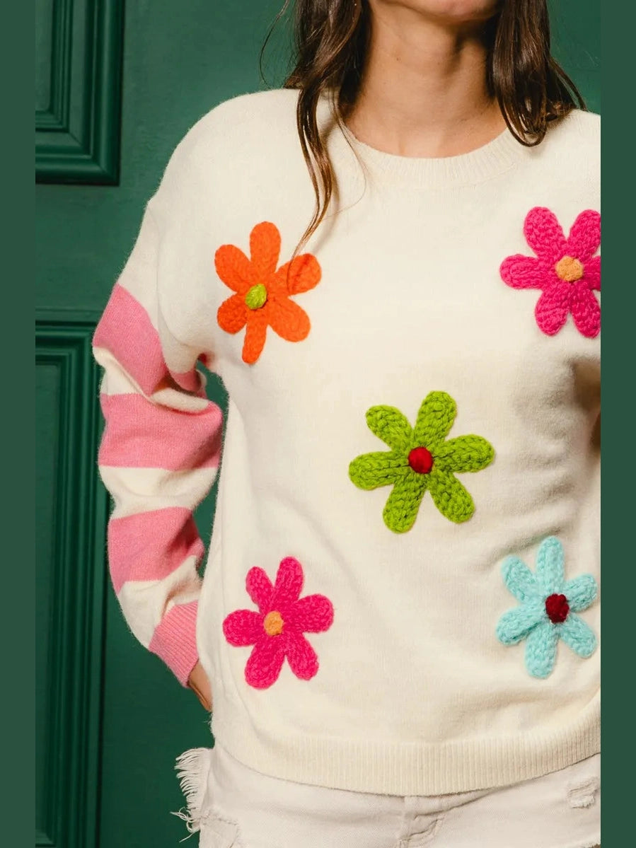 BiBi Colorful Floral Patched Sweater with Striped Sleeve Trendsi