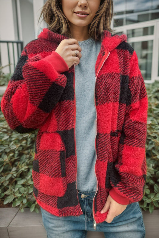 Double Take Full Size Plaid Long Sleeve Hooded Coat NicholesGifts