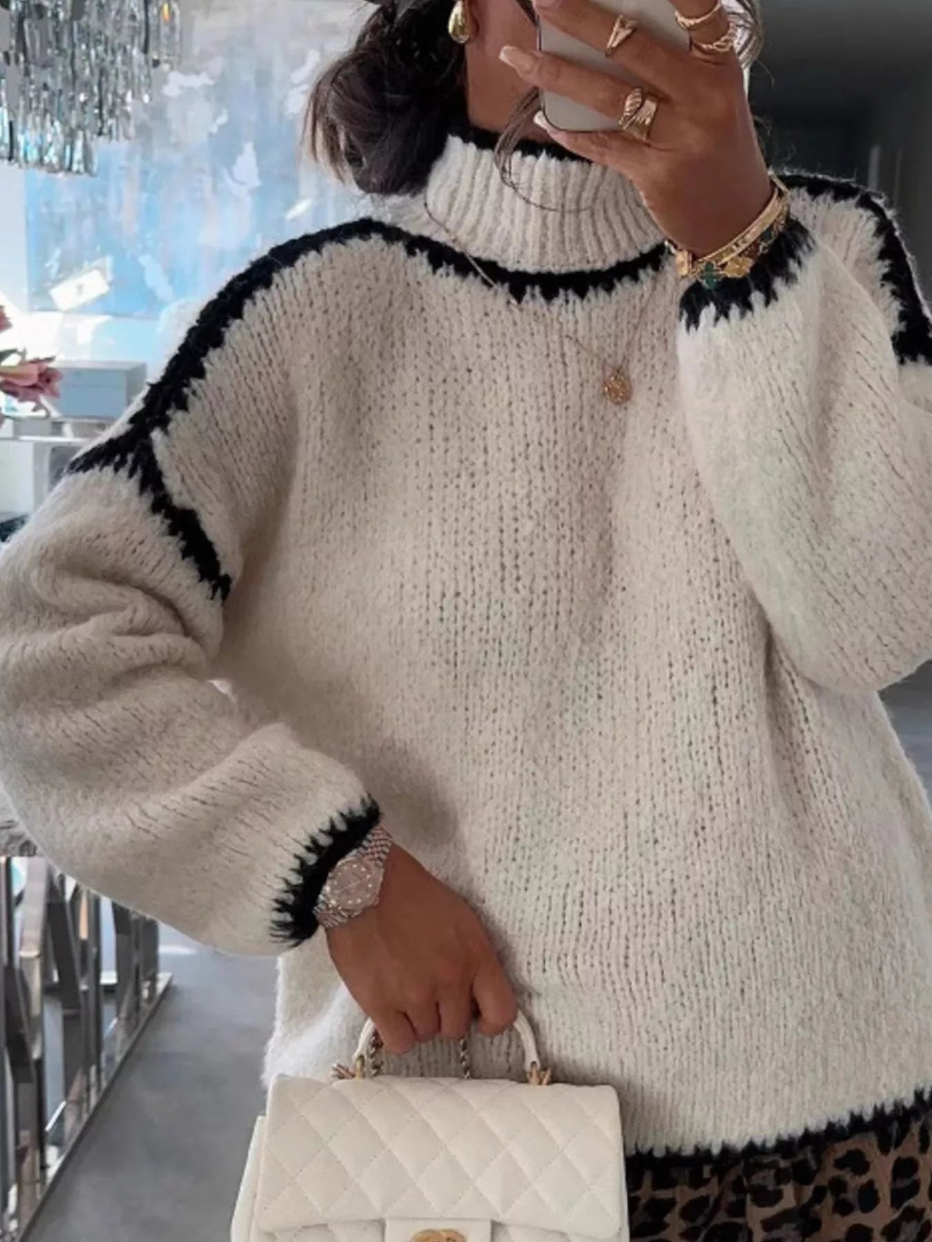 Contrast Trim Turtleneck Long Sleeve Sweater