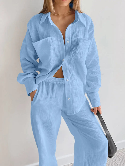 Texture Button Up Long Sleeve Shirt and Pants Set nicholesgifts