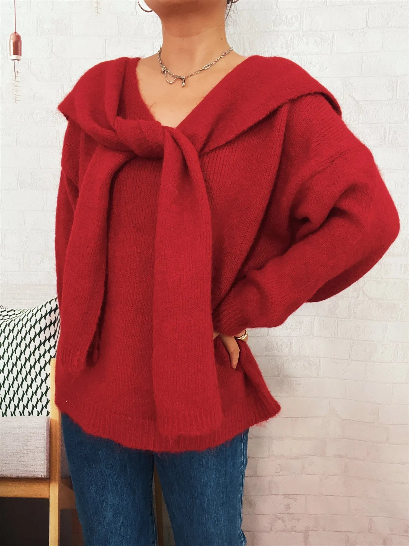 Ribbed Hem V-Neck Sweater with Shawl Trendsi