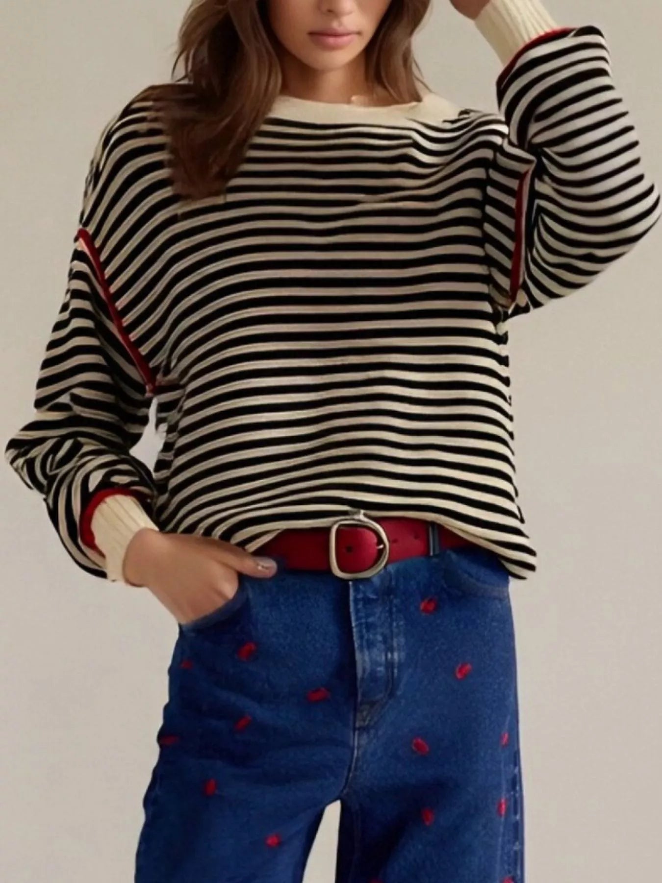 Striped Round Neck Long Sleeve Sweater Trendsi