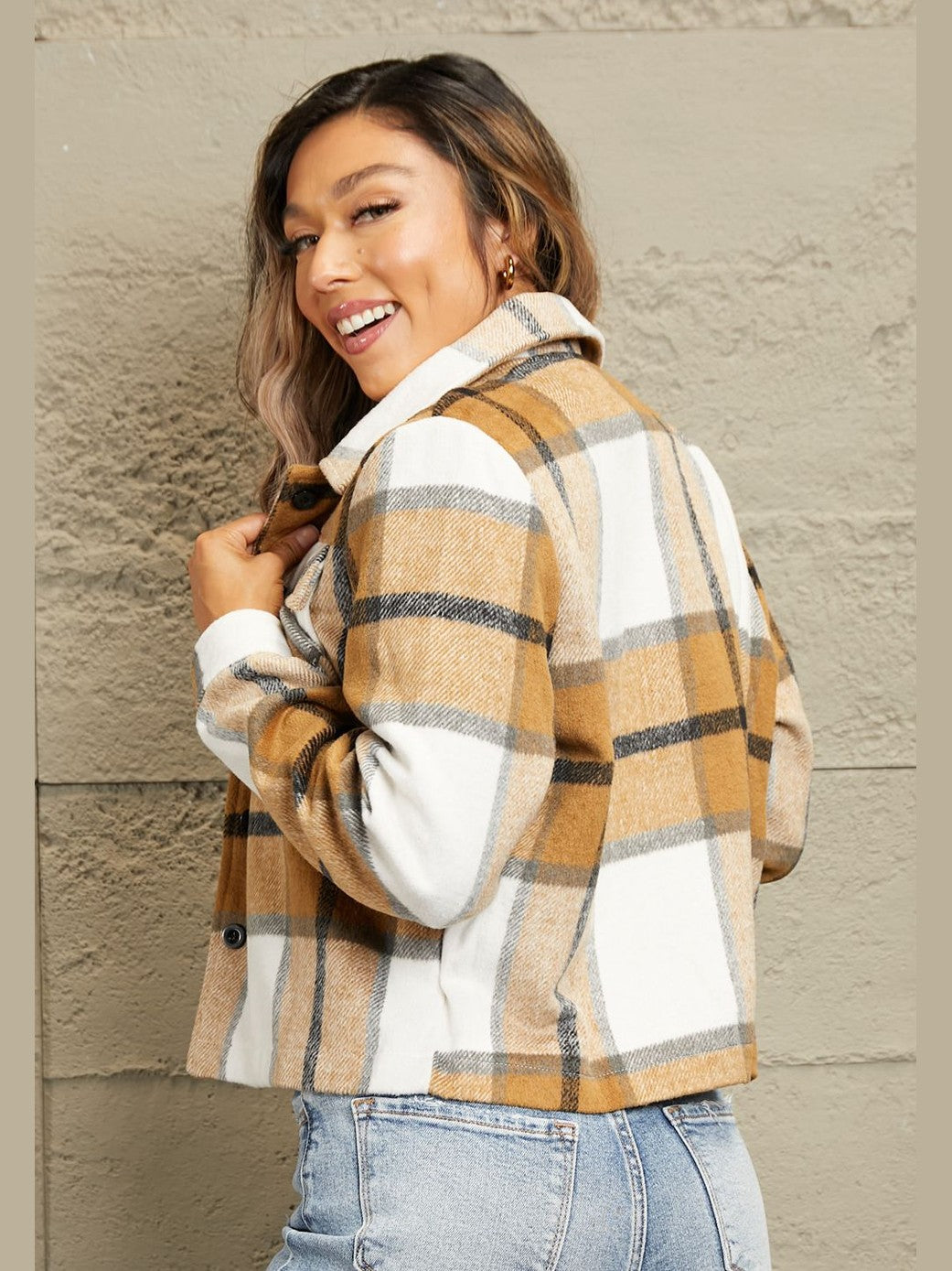 Plaid Collared Neck Jacket with Breast Pockets nicholesgifts