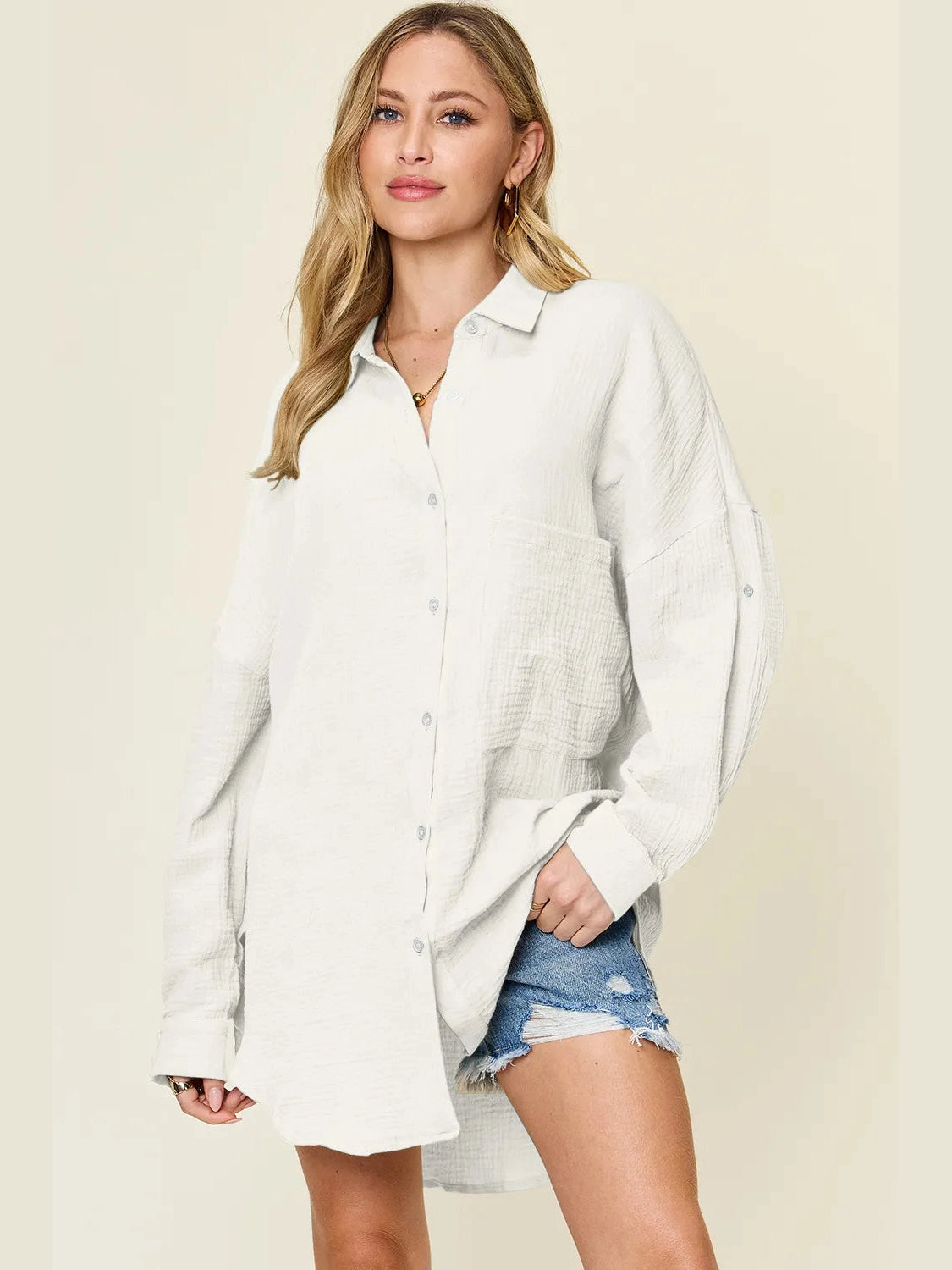 Double Take Full Size Pocketed Texture Button Up Shirt