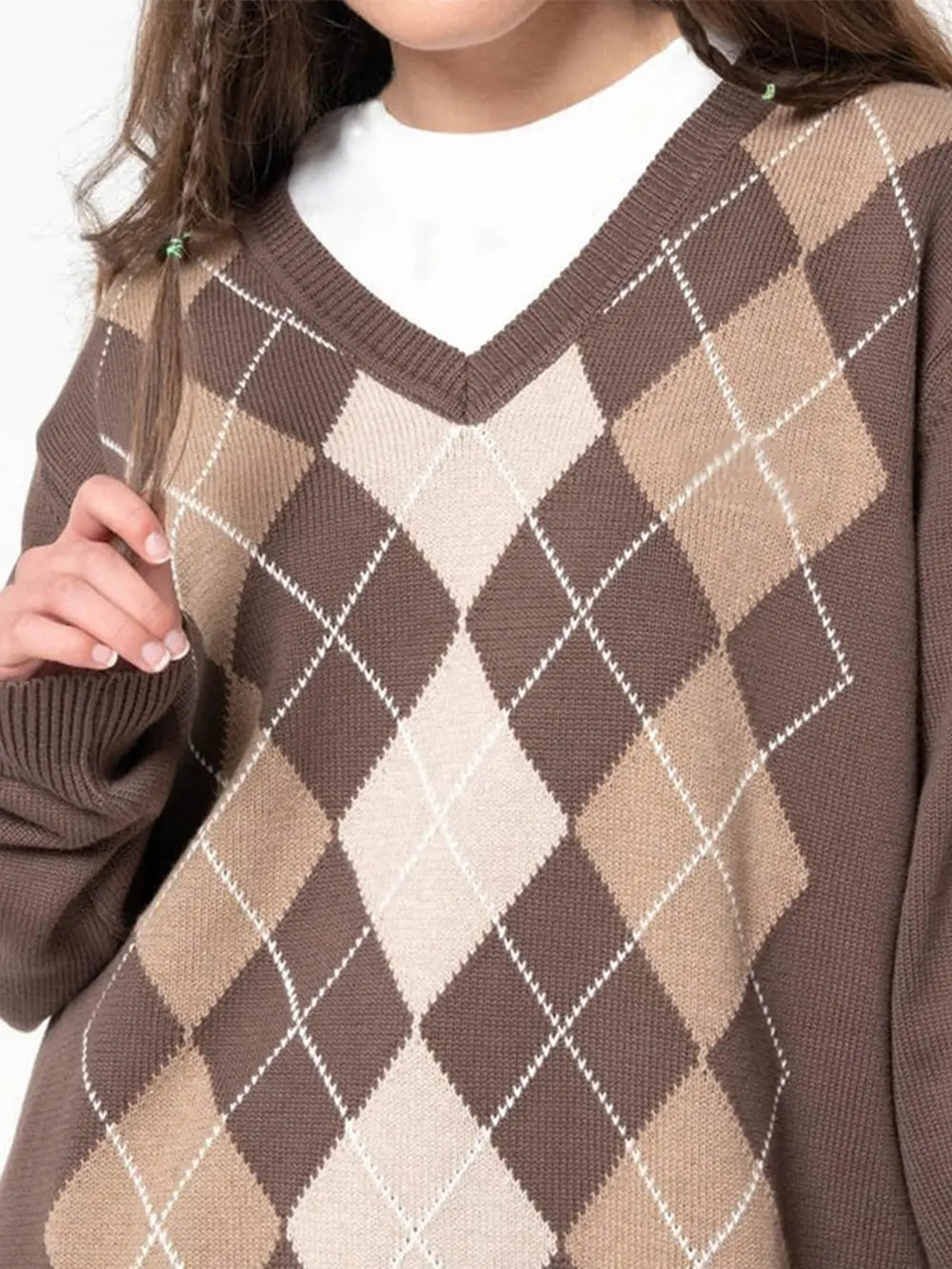 Geometric V-Neck Long Sleeve Sweater Trendsi