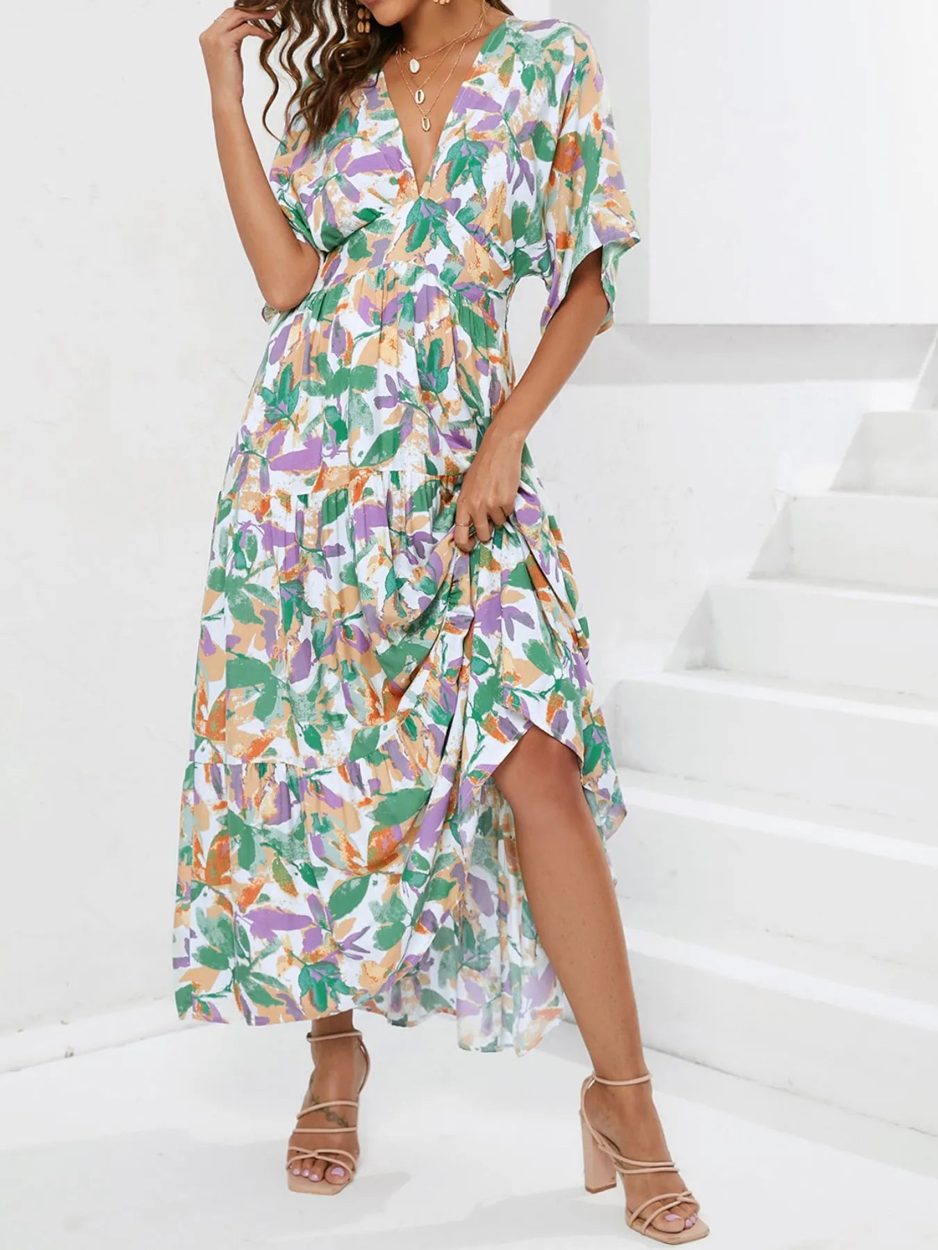 Floral Print V-neck Boho Midi Dress Trendsi