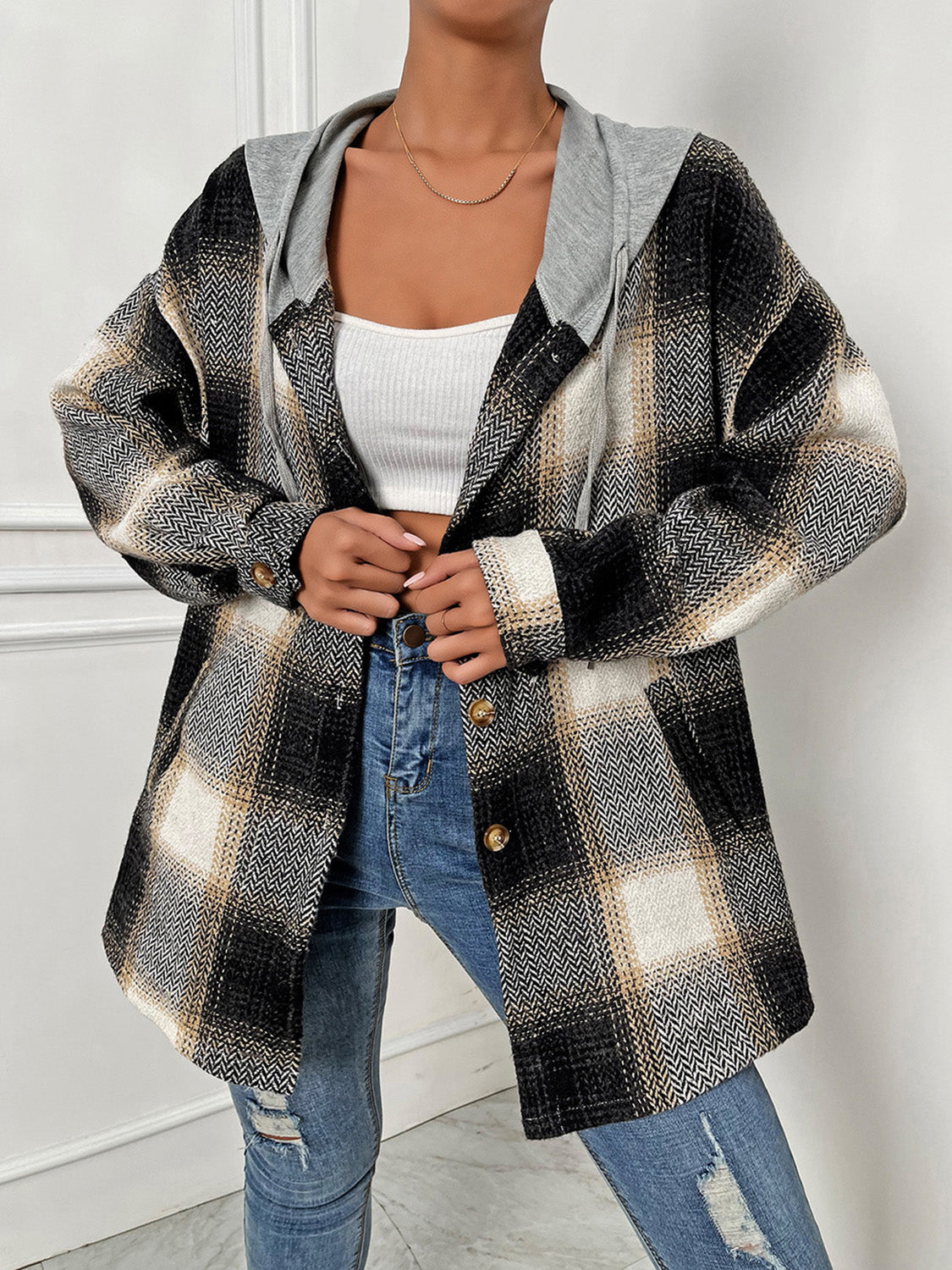 Plaid Drawstring Hooded Jacket nicholesgifts