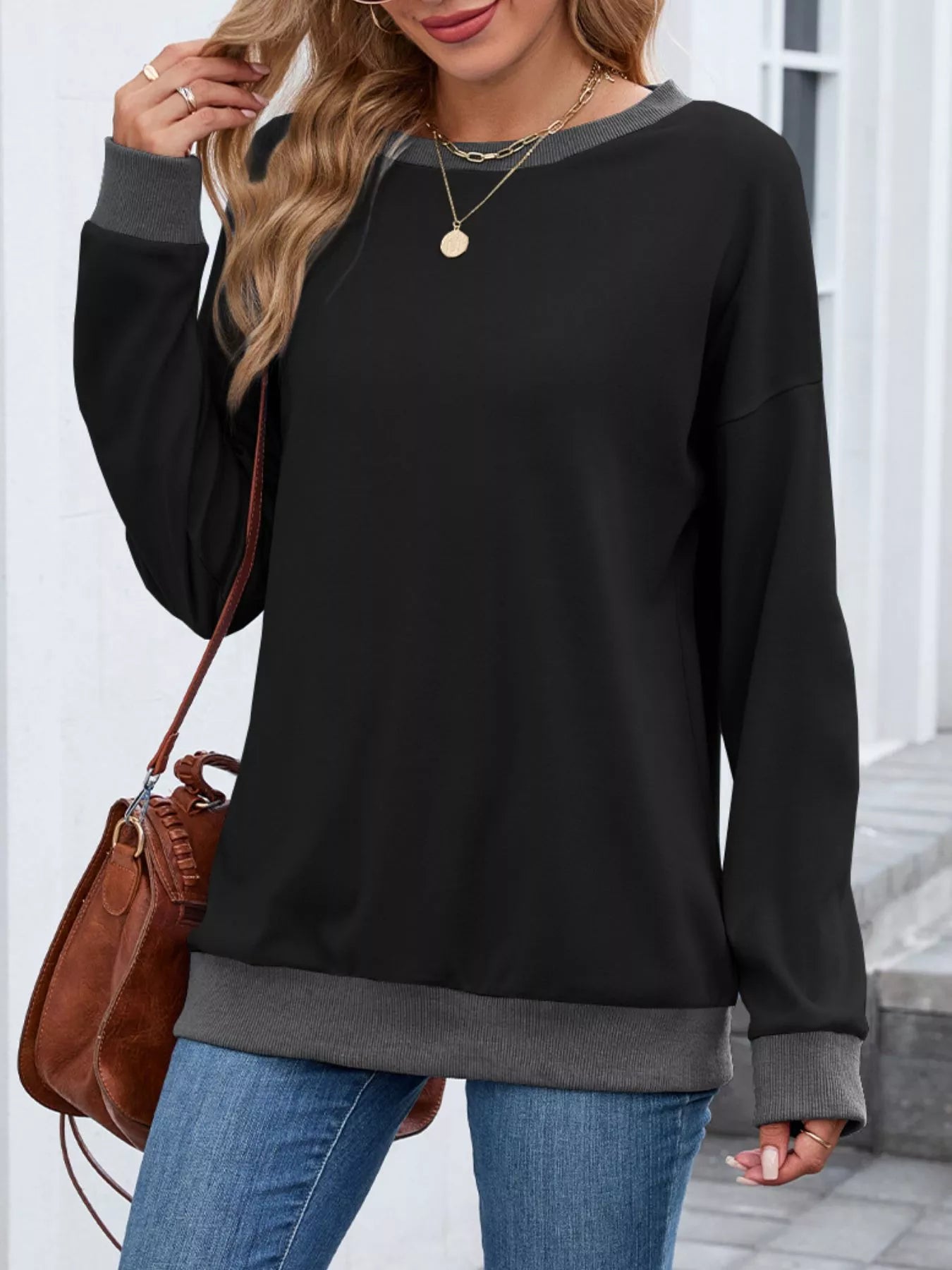 Contrast Trim Long Sleeve Sweatshirt Trendsi