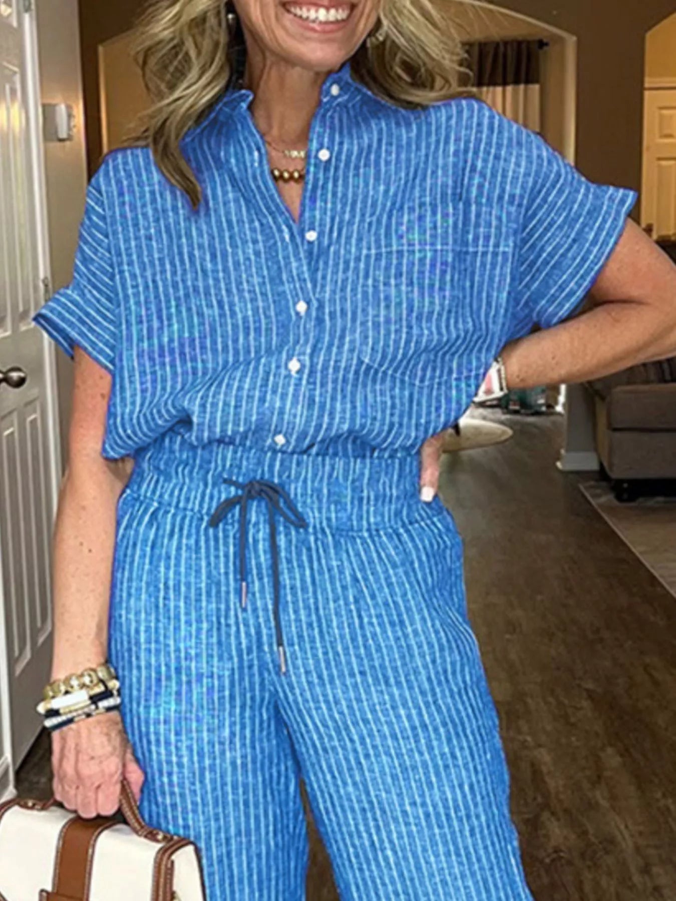 Full Size Striped Button-Up Shirt and Wide Leg Pants Casual Set Plus Size Trendsi