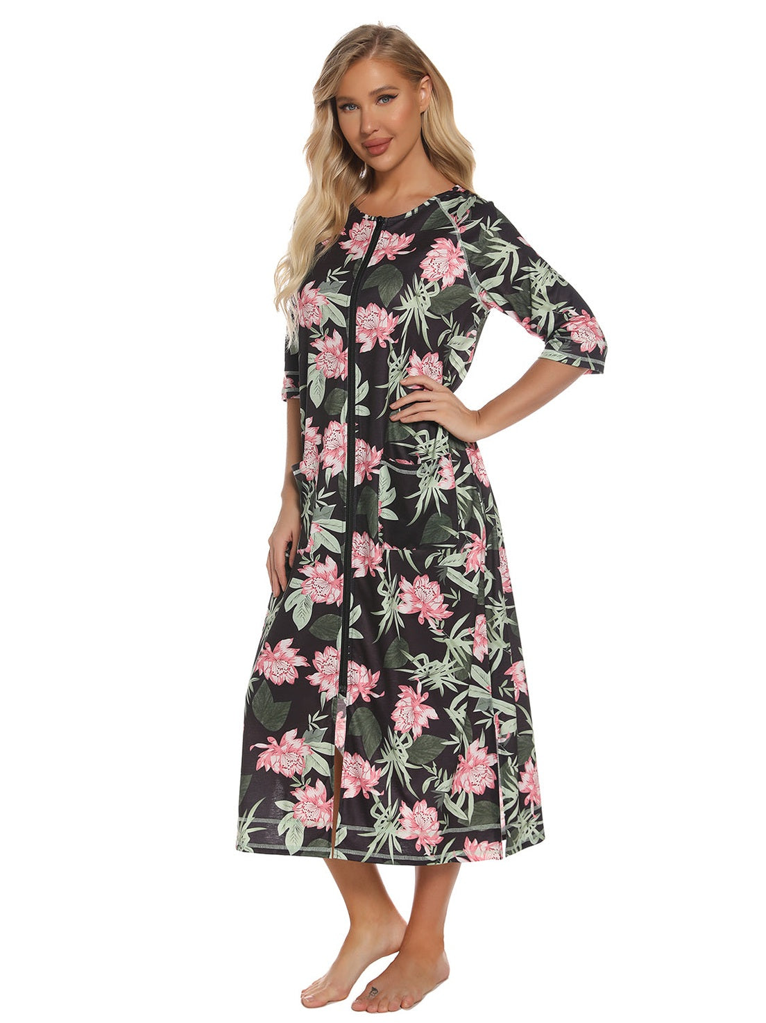 Printed Slit Night Dress with Pockets nicholesgifts