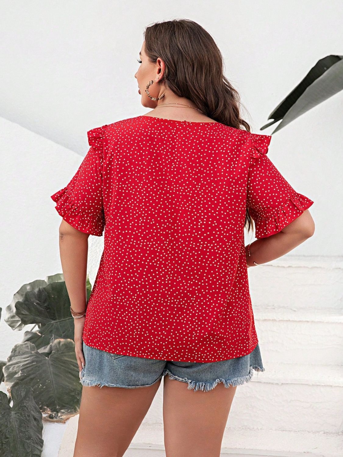 Plus Size Polka Dot Notched Flounce Sleeve Blouse nicholesgifts