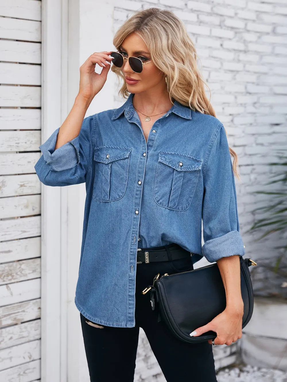 Button Up Collared Neck Denim Jacket Trendsi