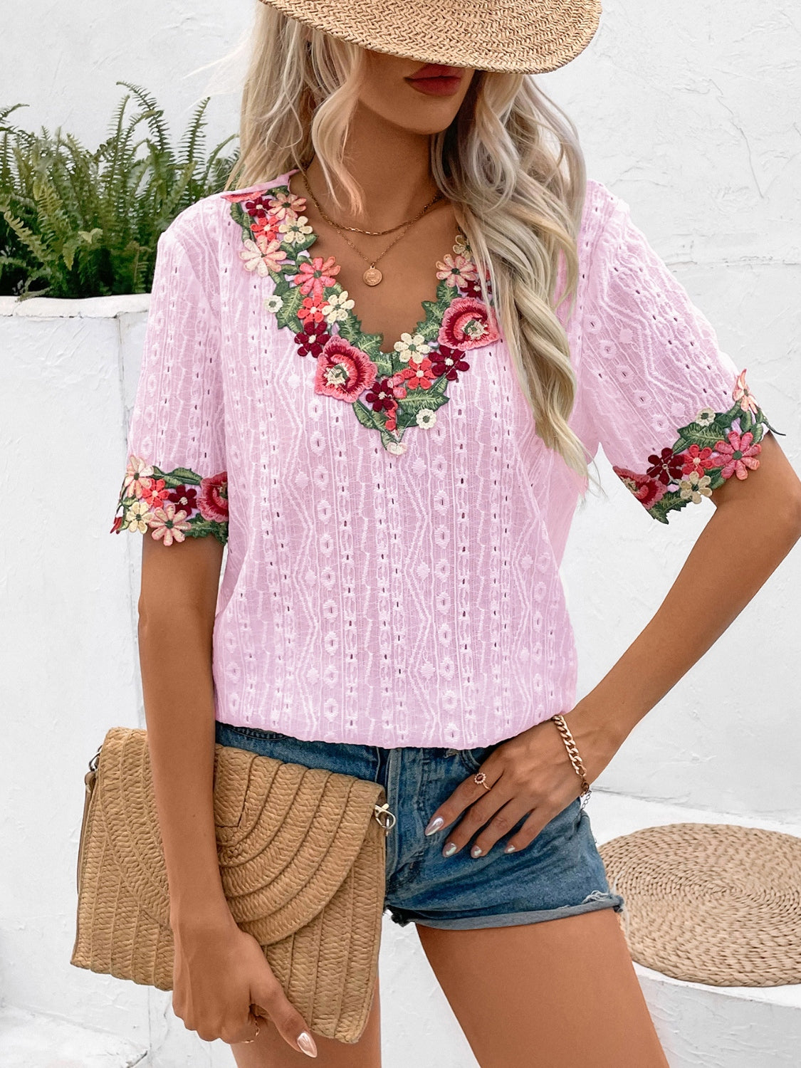 Eyelet Embroidered V-Neck Short Sleeve Blouse nicholesgifts