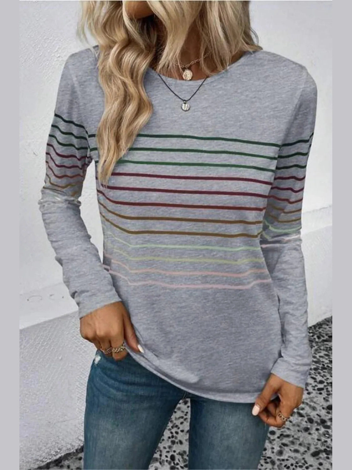 Striped Round Neck Long Sleeve T-Shirt nicholesgifts