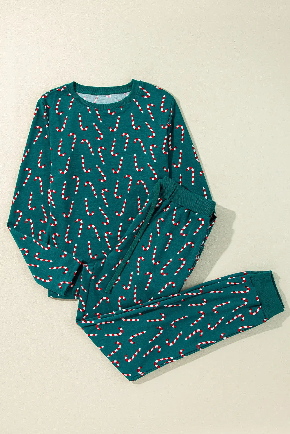 Candy Cane Print Round Neck Top and Pants Lounge Set NicholesGifts