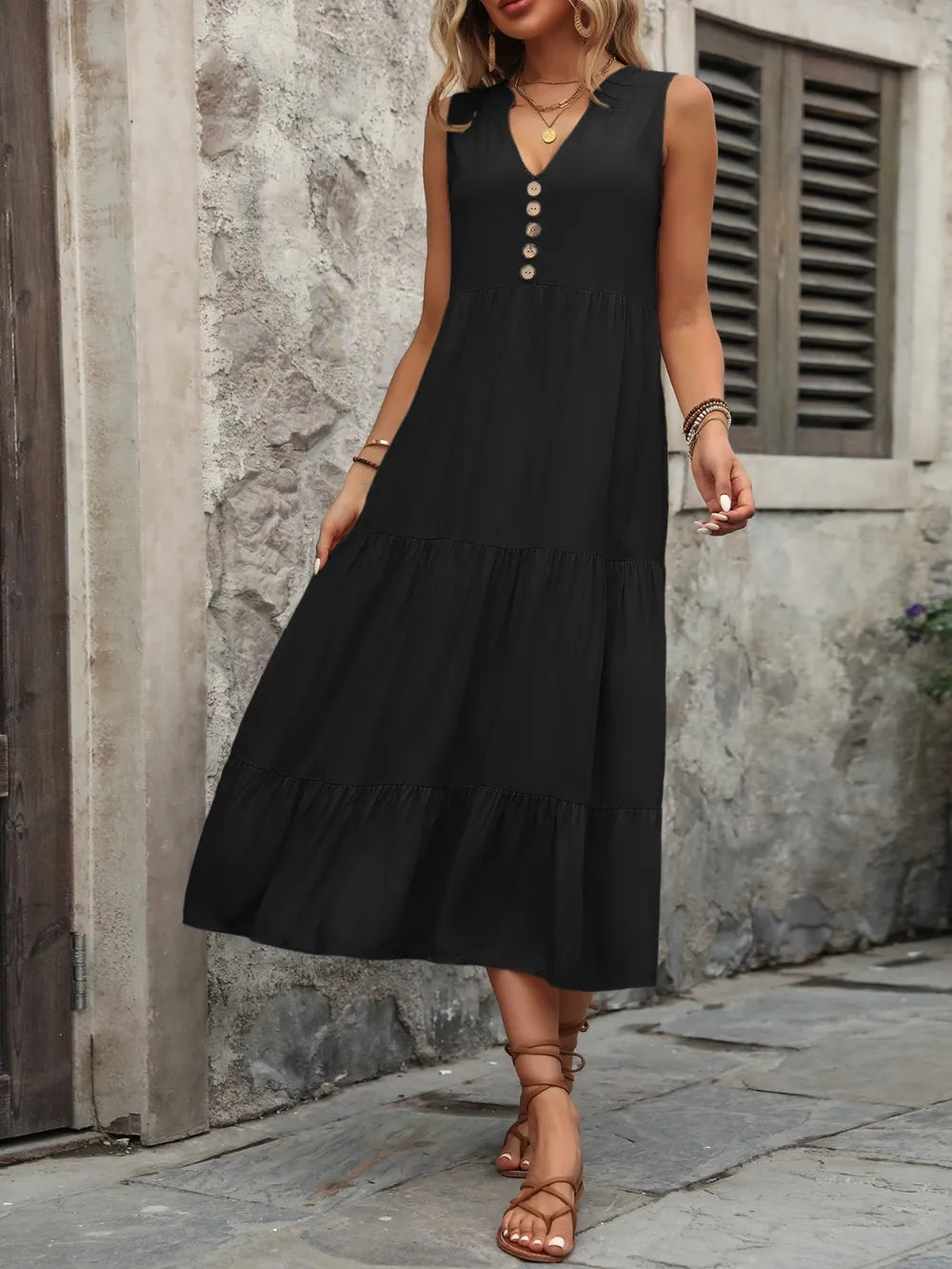Ivy Lane Decorative Button Notched Sleeveless Dress Trendsi