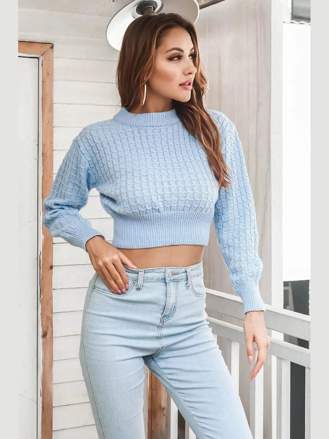 Round Neck Long Sleeve Cropped Sweater Trendsi