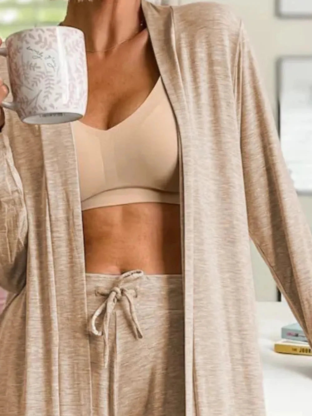 Open Front Long Sleeve Cardigan and Pants Lounge Set nicholesgifts