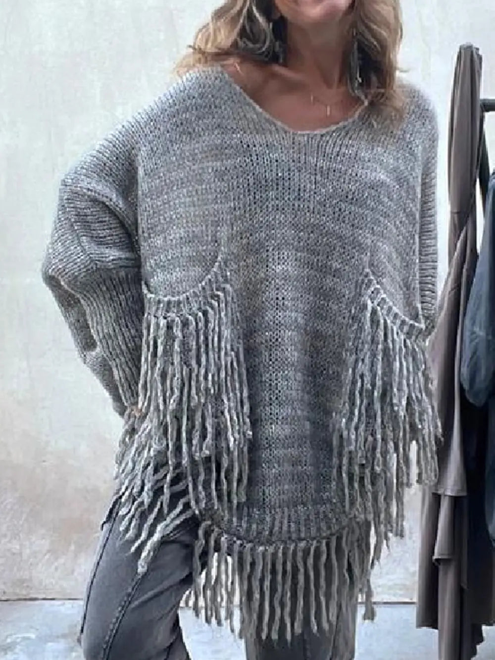 Fringe Detail Long Sleeve Sweater with Pockets Trendsi