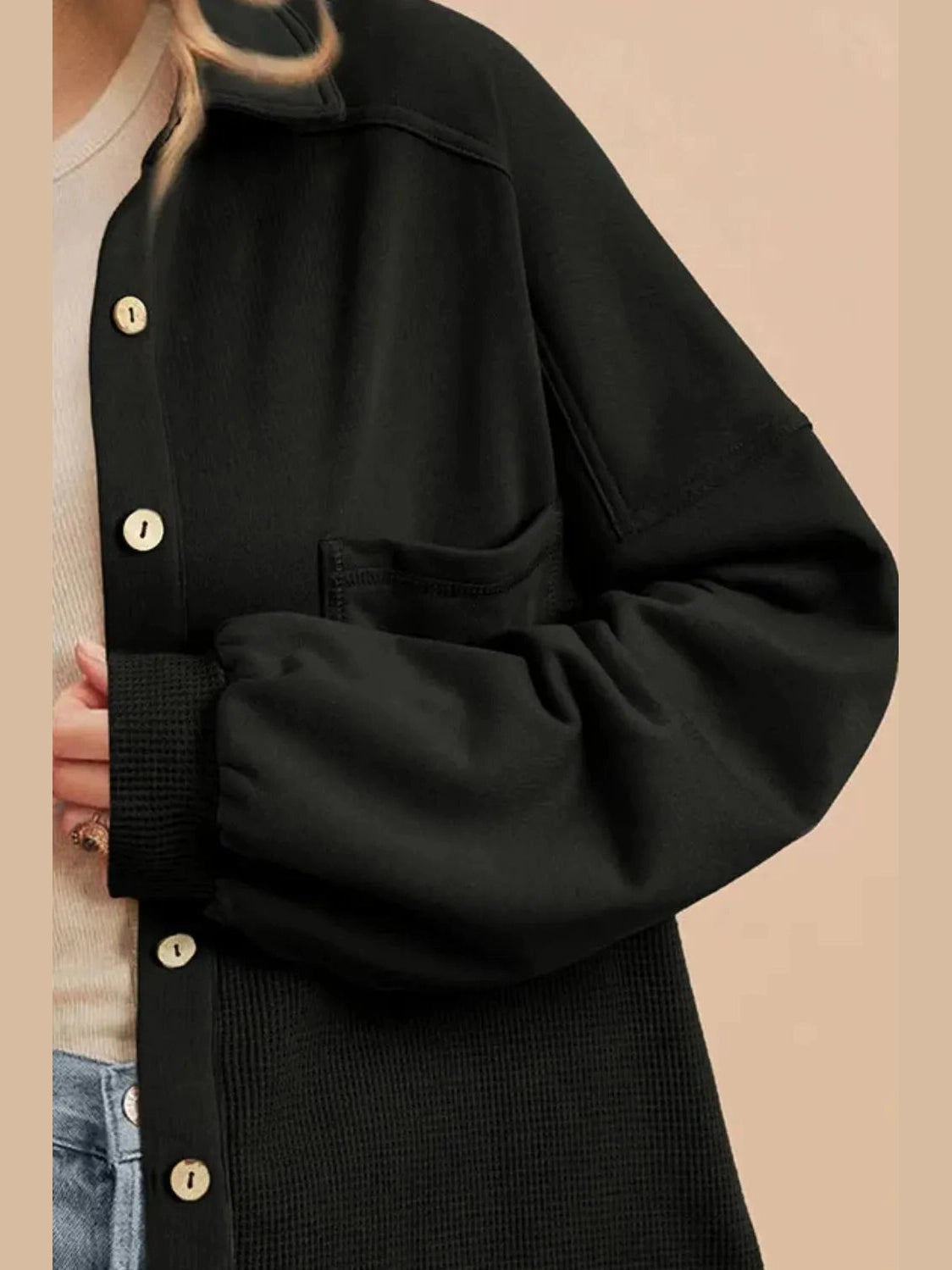 Waffle-Knit Collared Neck Long Sleeve Shacket