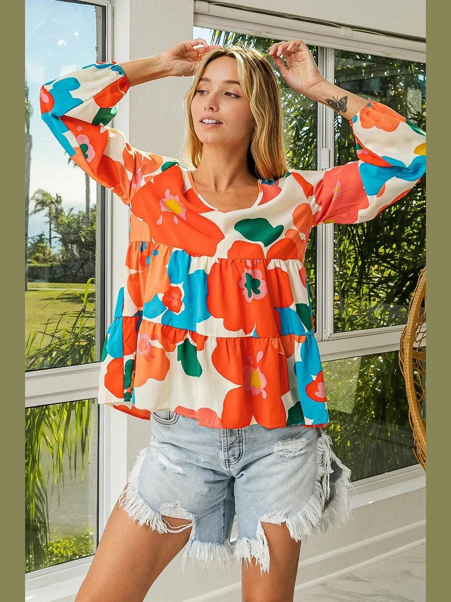 BiBi Floral Woven Tiered V Neck Top