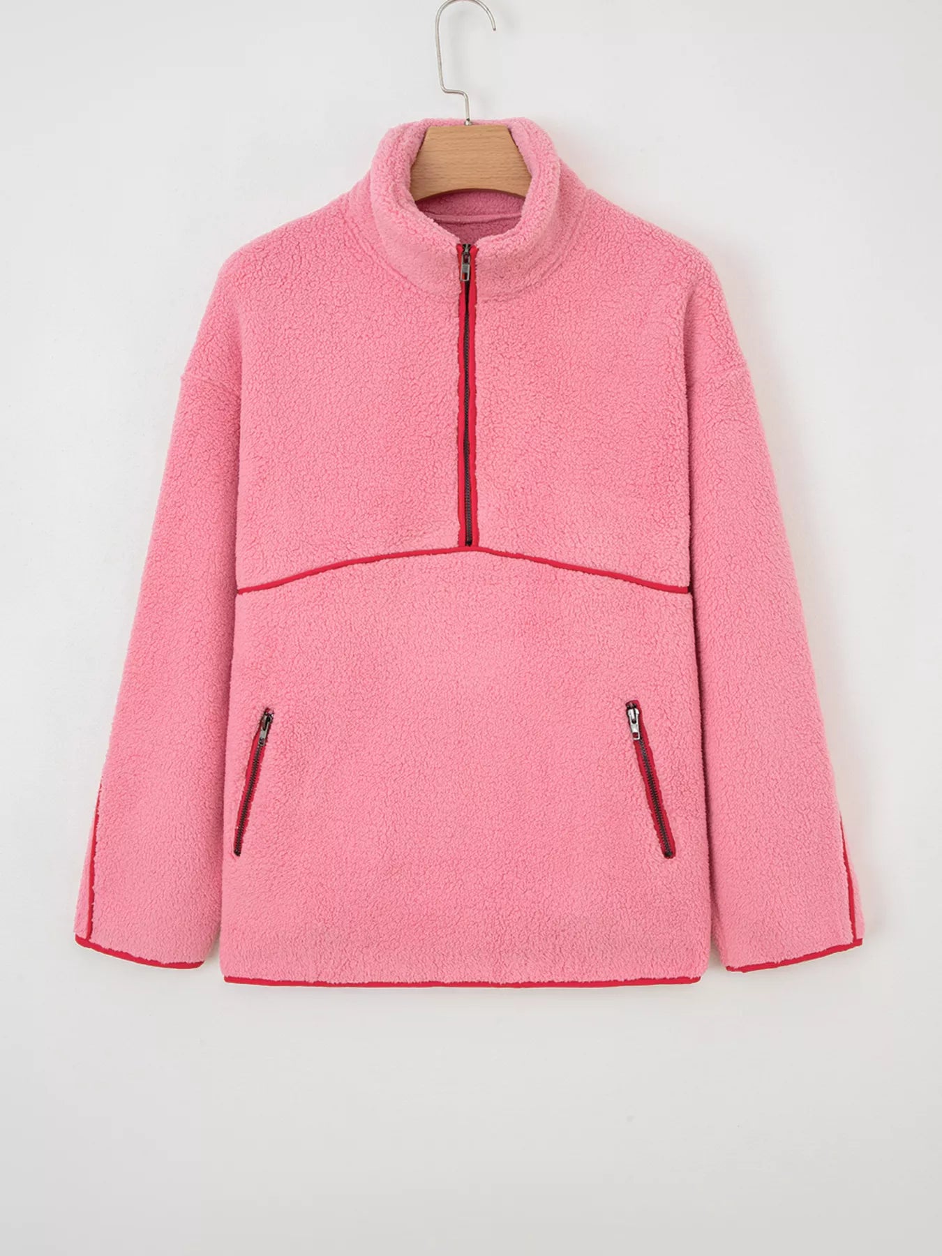 Sherpa Contrast Faux Leather Trim Half Zip Sweatshirt Trendsi