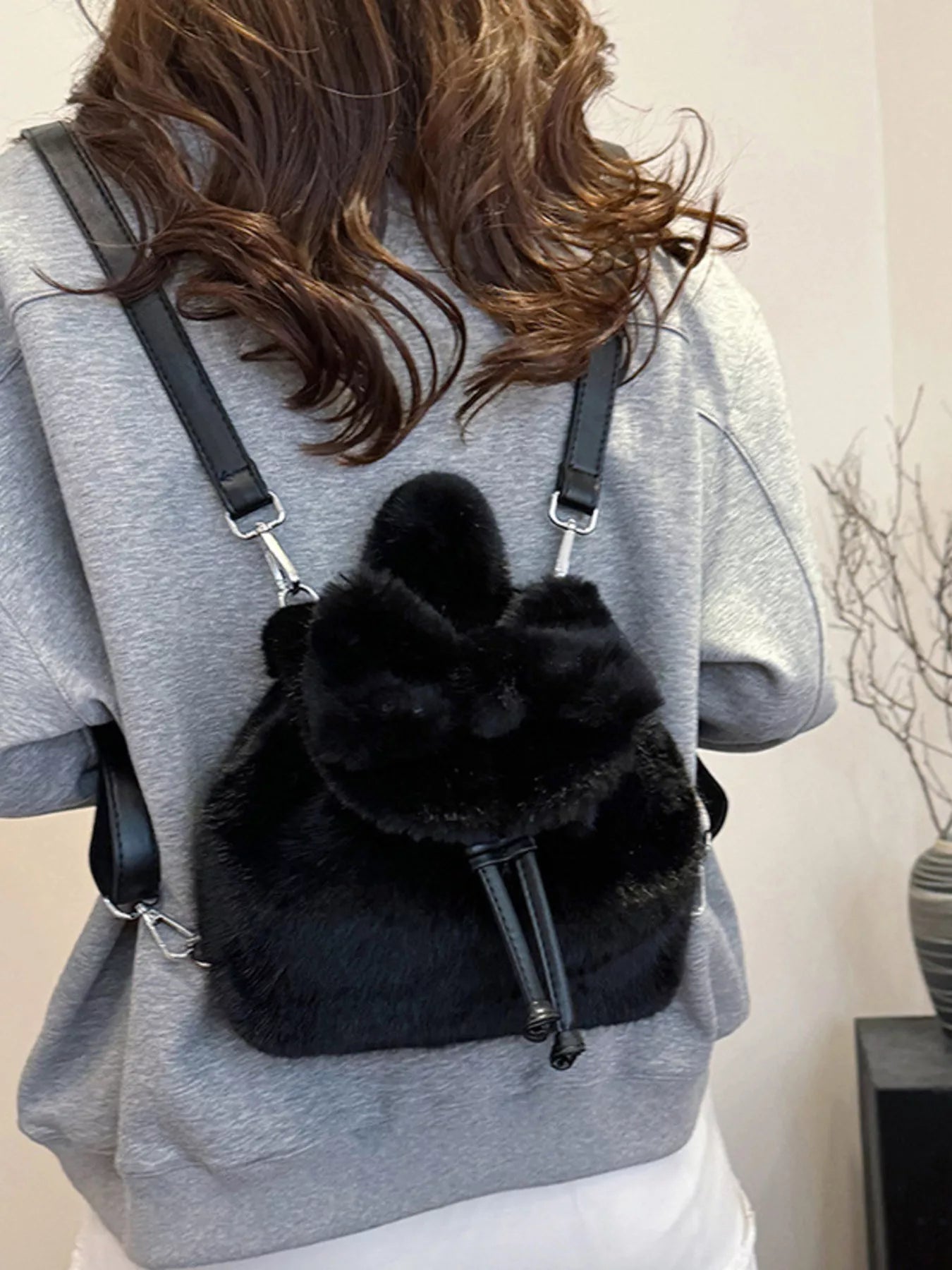 Fuzzy Plush Drawstring Backpack Bag nicholesgifts