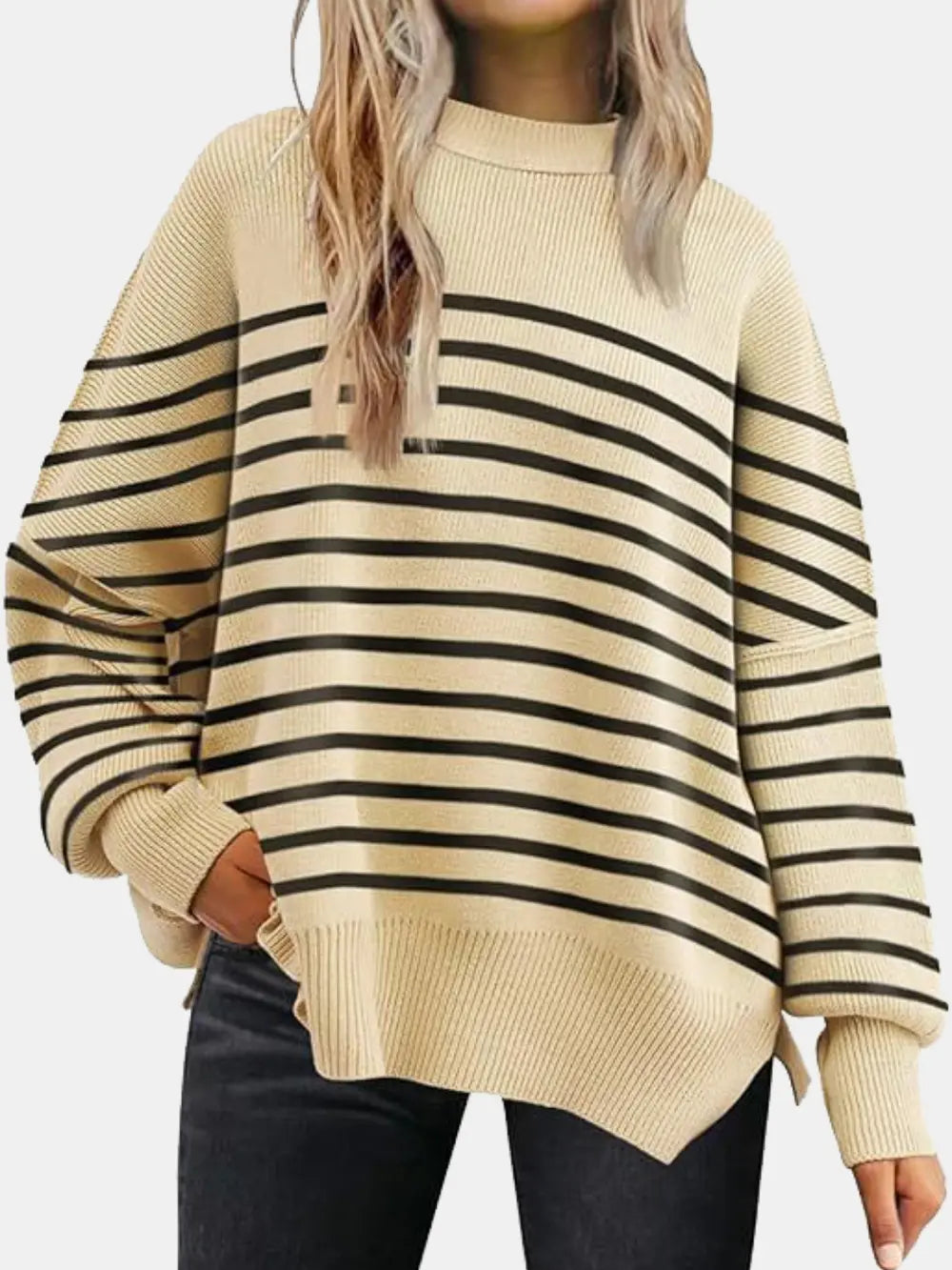 Round Neck Drop Shoulder Slit Sweater Trendsi