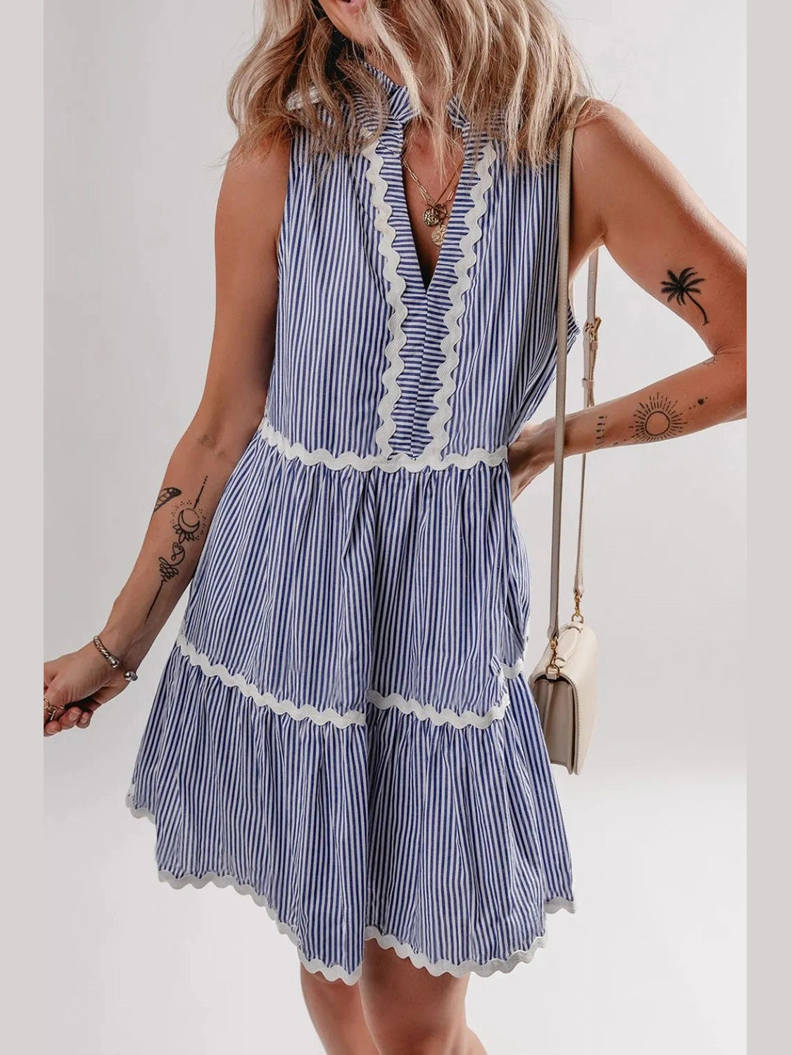 Stripe Sleeveless Notched Ric Rac Mini Dress NicholesGifts