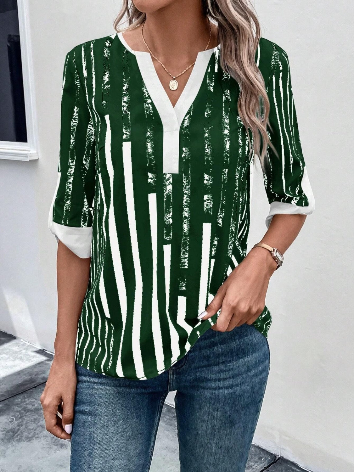 Striped Notched Half Sleeve Blouse nicholesgifts