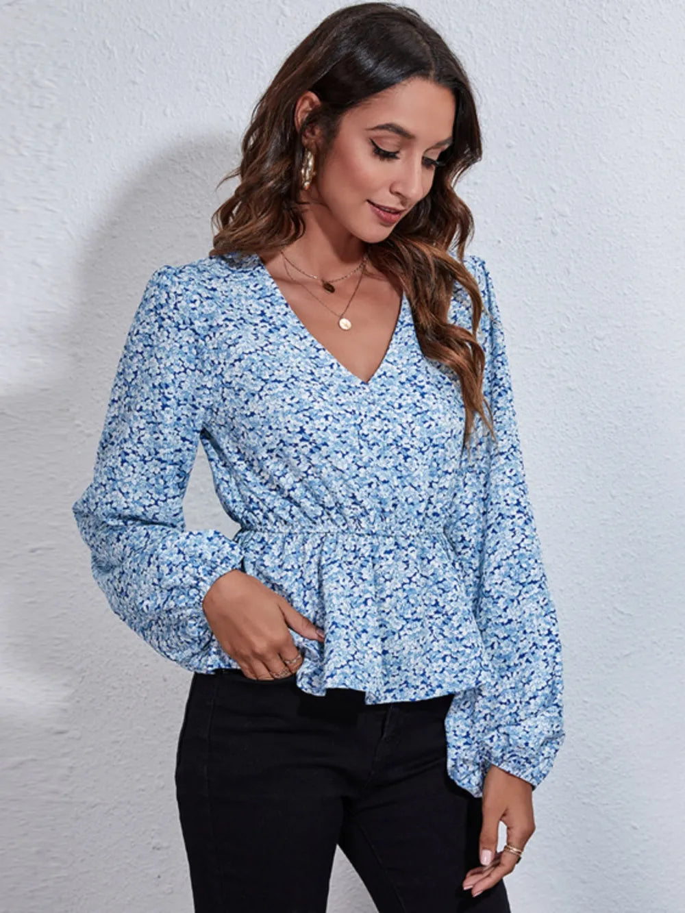 Ruched Printed V-Neck Long Sleeve Blouse nicholesgifts