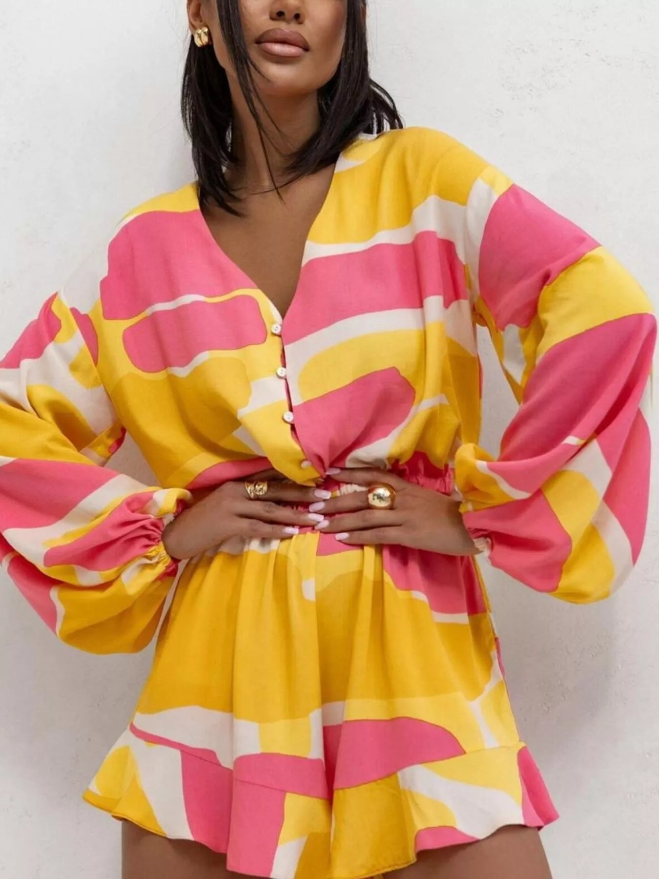 Floral V-Neck Long Sleeve Romper with Elastic Waist nicholesgifts