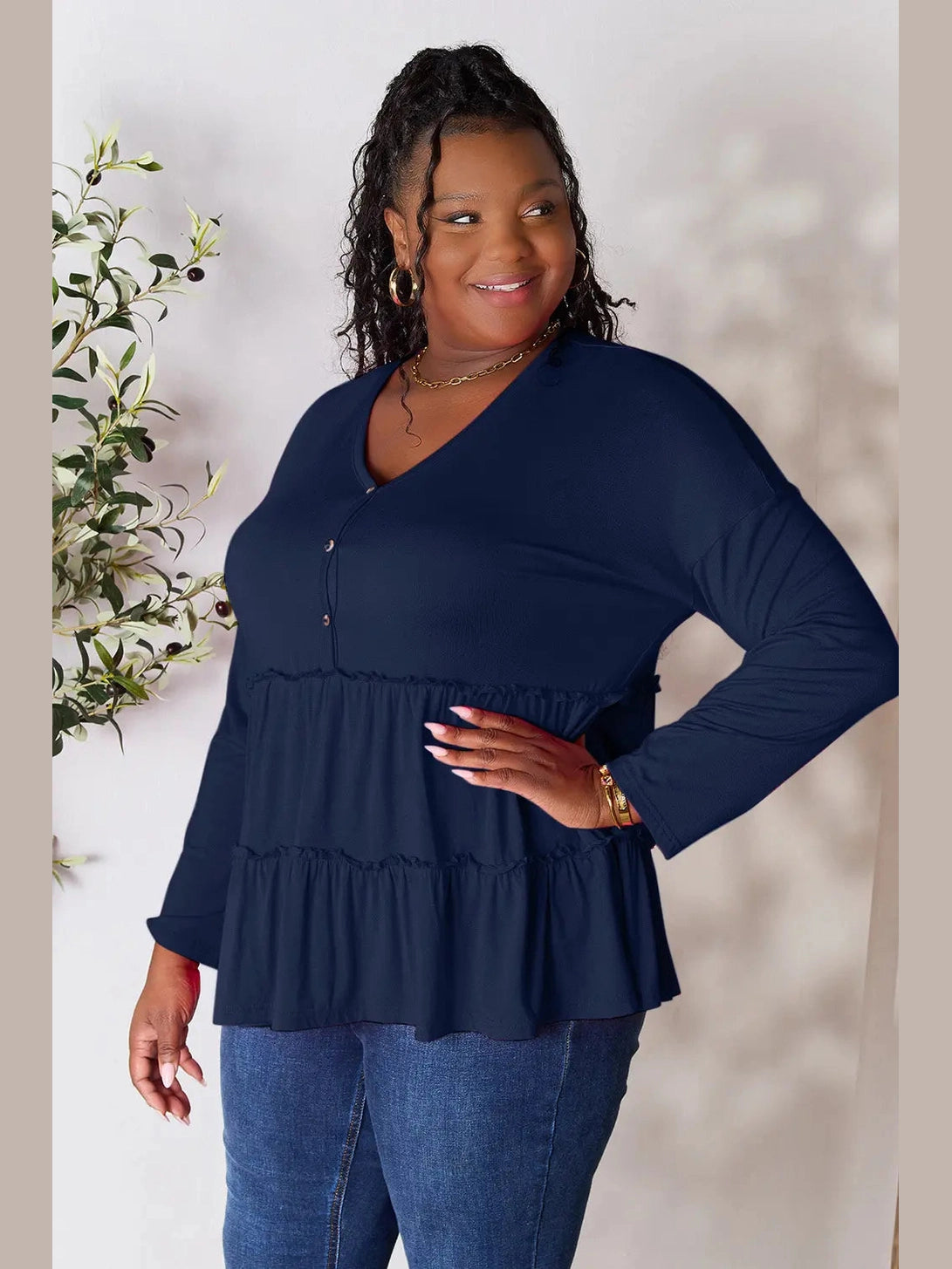 Double Take Half Button Long Sleeve Ruffle Hem Blouse nicholesgifts